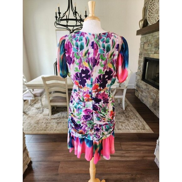 ONE33 SOCIAL - RUCHED FLORAL-PRINT CREPE DE CHINE‎ MINI DRESS - PINK - US 12 - Picture 7 of 10